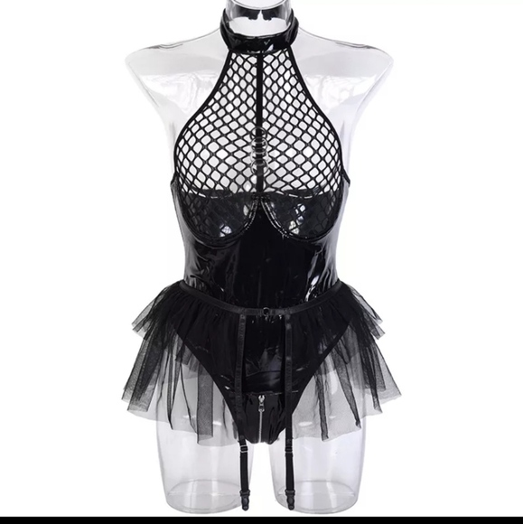 boutique Tops - Black Punk Vinyl fishnet garter harness bodysuit
